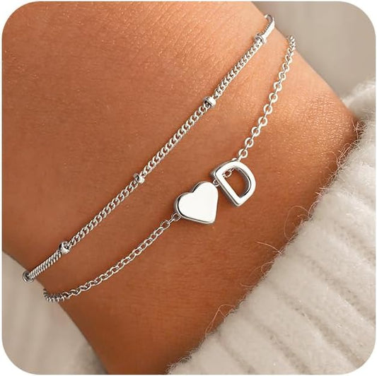 M MOOHAM Initial Heart Bracelets for Women - Layered Dainty 14K-Gold-Plated Heart Letter A-Z Charm Bracelets for Women, Chain Link Charm Bracelets Beaded Bracelets Birthday Gifts Womens Jewelry