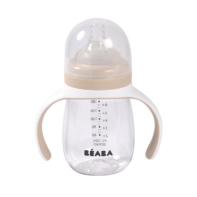 BEABA 2-in-1 Baby Bottle to Transition Sippy Cup, No Spill Sippy Cup, Includes Removable Handles, Silicone Baby Bottle Nipple and Soft Spout, 7 oz Oat