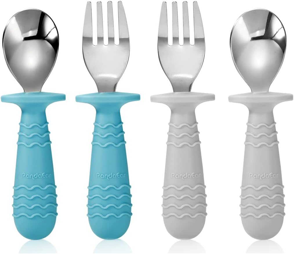 PandaEar 4 Set Baby Toddler Silicone Stainless Steel Utensils Silverware Spoon Fork for Baby Toddler BPA Free with Silicone Holding Anti-Choke Design (Blue&Grey)