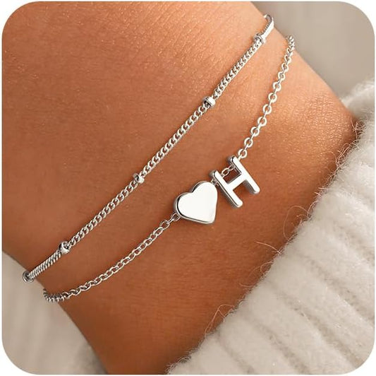M MOOHAM Initial Heart Bracelets for Women - Layered Dainty 14K-Gold-Plated Heart Letter A-Z Charm Bracelets for Women, Chain Link Charm Bracelets Beaded Bracelets Birthday Gifts Womens Jewelry