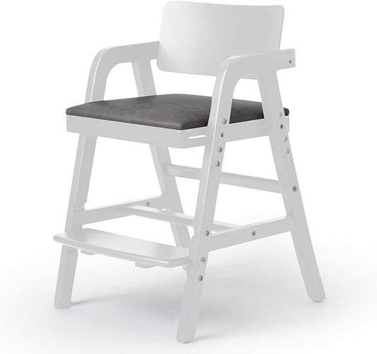 Wooden High Chair Baby Highchair, Portable HighChair for Babies & Toddlers, Adjustable and Convertible Kids Dining Chair with Removable Cushion, Easy to Clean, Water Resistant (White)