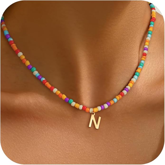 Colorful Initial Necklaces for Girls Women - Cute Beaded Choker Initial Necklace Teen Girl Gifts Trendy Stuff, Bohemian Letter Necklace Personalized Gifts for Girls Women Jewelry