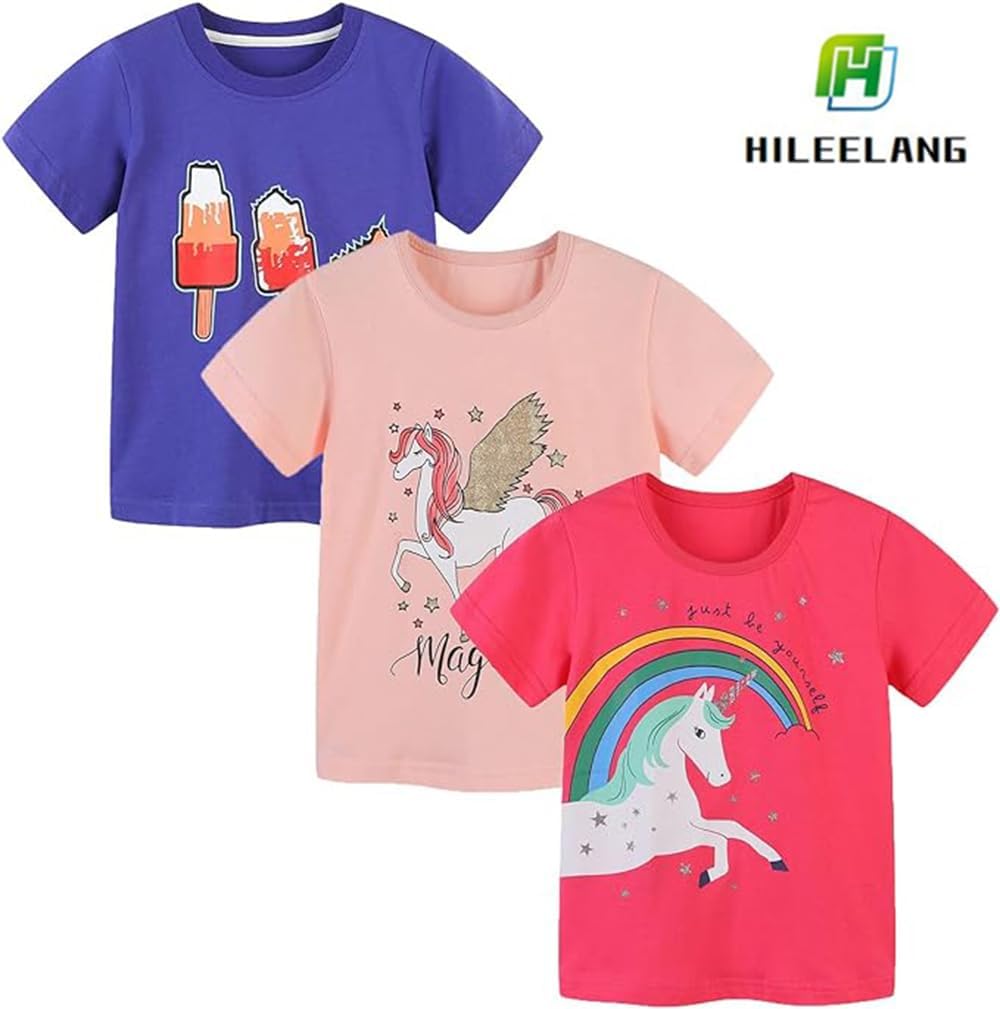 HILEELANG Girls' Tees Ruffle Short Sleeve T-Shirt Cotton Casual Graphic Summer Crewneck Tunic Tops