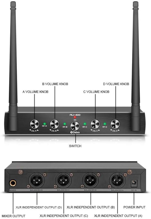 Debra Audio Pro UHF 4 Channel Wireless Microphone System with Cordless Handheld Lavalier Headset Mics, Metal Receiver, Ideal for Karaoke Church Party (with 4 Handheld (A))