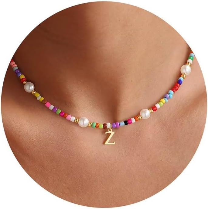 M MOOHAM Colorful Initial Necklaces for Girls - Beaded Pearl Choker Necklace for Women Teen Girl Colorful Summer Boho Necklace Jewelry, Trendy Personalized Letter Initial Gifts Birthday Gifts Kids