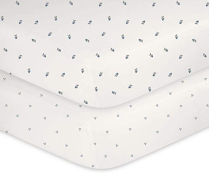 Ely's & Co. Patent Pending Waterproof Crib Sheets, 100% Cotton with Waterproof Lining - Built in Mattress Protector, 2 Pack Fitted Crib Sheet Set, Berry and Cluster Dot (Blue) 28” x 52”