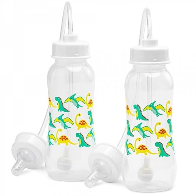 Hands-Free Baby Bottle - Anti-Colic Nursing System 9 oz Baby Bottle with Fast Flow Nipple/Teat 3m+ Infant with Tube Straw Feeding System for Toddler (2 Bottles - Dinosaur)