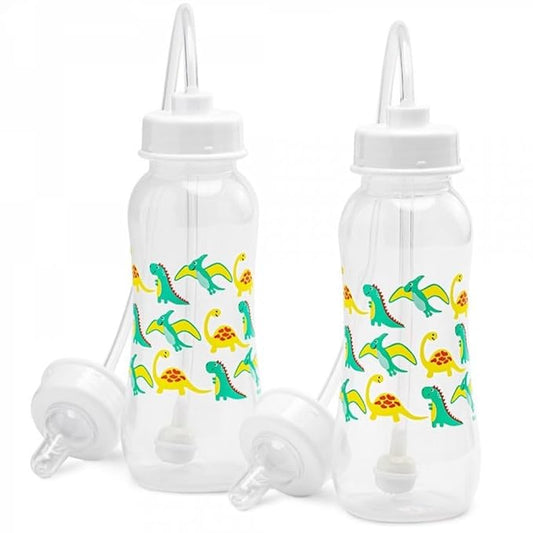 Hands-Free Baby Bottle - Anti-Colic Nursing System 9 oz Baby Bottle with Fast Flow Nipple/Teat 3m+ Infant with Tube Straw Feeding System for Toddler (2 Bottles - Dinosaur)