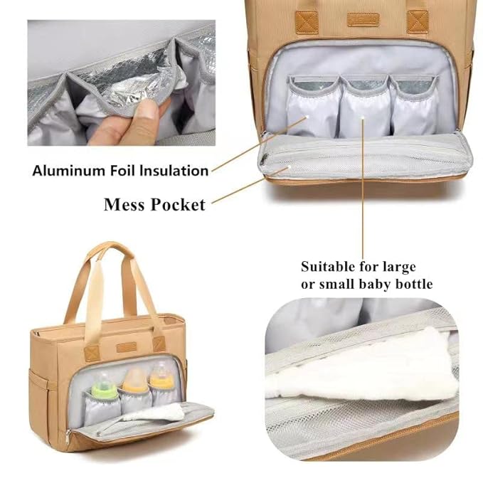 Diaper Bag Tote for Women, Travel Diaper Bag with Insulated Pocket for Toddler & Newborn. Baby Bag with 15.6 Inch Laptop Compartment (Light Brown)