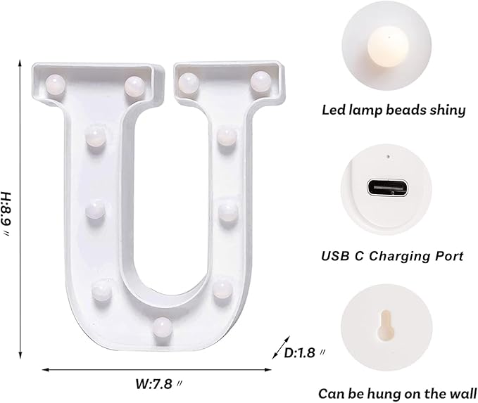 Foaky Rechargeable LED Letter Lights Sign Marquee Light Up Letters Sign for Night Light Wedding/Birthday Party Christmas Lamp Home Bar Decoration (U)