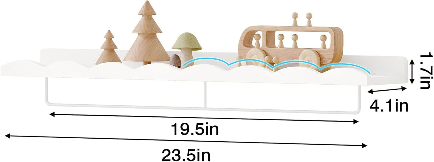 Fixwal Nursery Shelves, 24 Inch Floating Bookshelves for Wall Set of 4, Scalloped Wall Book Shelves with Towel Rack for Kids, Toddler Room, Baby Room, Nursery Decor and Storage(White)