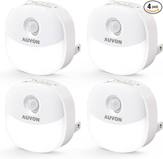 AUVON Plug in Night Light with Motion Sensor and Dusk to Dawn Sensor, Mini Cool White LED Nightlight with 1-50 lm Adjustable Brightness for Bathroom, Hallway, Stairs, Bedroom, Kitchen, 4 Packs