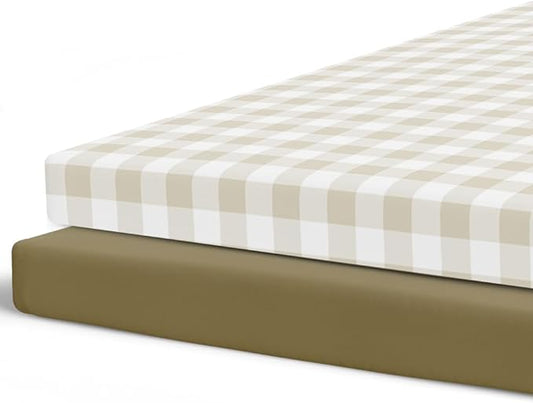 Pobibaby – 2 Pack Pack N Play Sheets and Mini Crib Sheets, Premium Fitted Pack N Play Sheets for Standard Playards and Mini Cribs – Ultra-Soft Jersey Knit, Safe and Snug for Baby (Gingham Khaki)