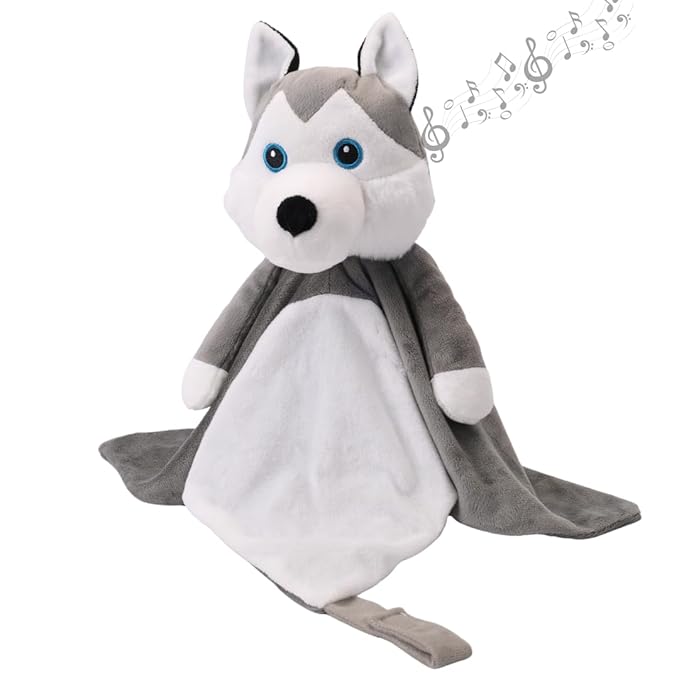 Love By Emi Baby Music Lovey Grey & White Husky, Baby Sleep Soother for Crib & Cuddle Bedtime, White Noise with Heartbeat & Lullaby, Plush Sound Toy, Stuffed Animal for Newborns, Infants & Toddlers
