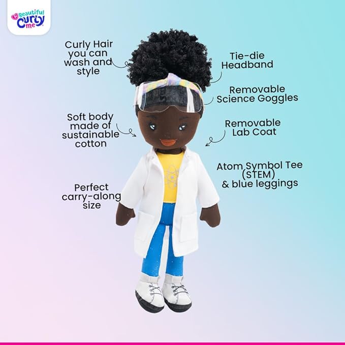 (Binta) Black Plush Doll – 14″ Soft African American Plush Rag Doll for Girls 3+ – Washable, Removable Lab Coat & Goggles – Inspires Confidence, STEM Learning & Representation – Gift Toy for Kids