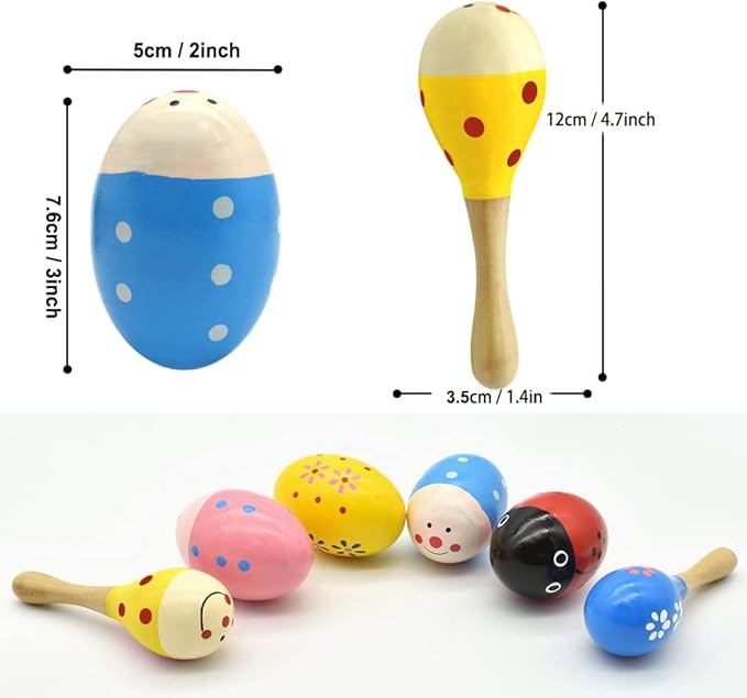 Wooden Easter Eggs Shakers Toys, Maracas Kids Hand Percussion Shakers Percussion Musical for Party Favors Kids Easter Basket Stuffers, 4 Pack Easter Eggs with 2 Shaker Sand Hammer Kit