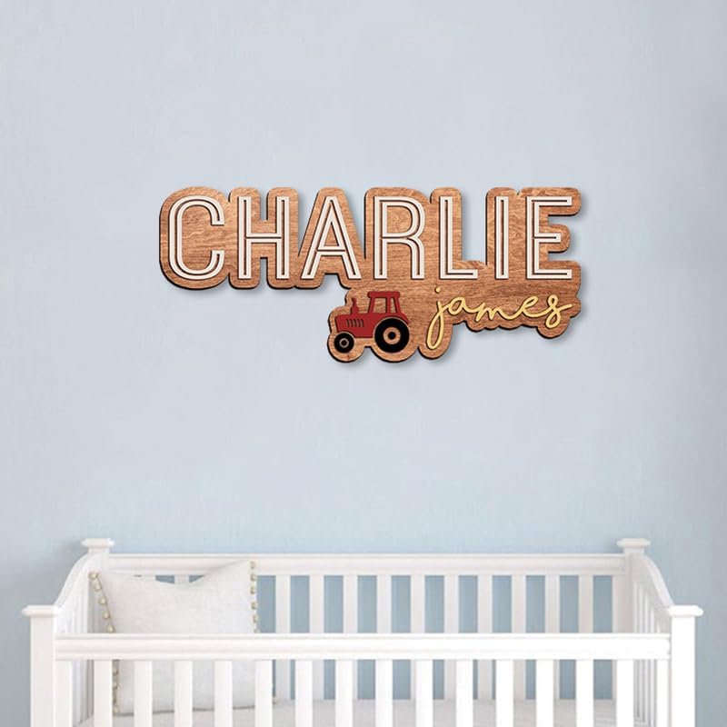 Personalized Wooden Nursery Name Sign, Baby Name sign for kids room decor, Tractor themed for boys girls, Baby shower, Door hanging gift/9