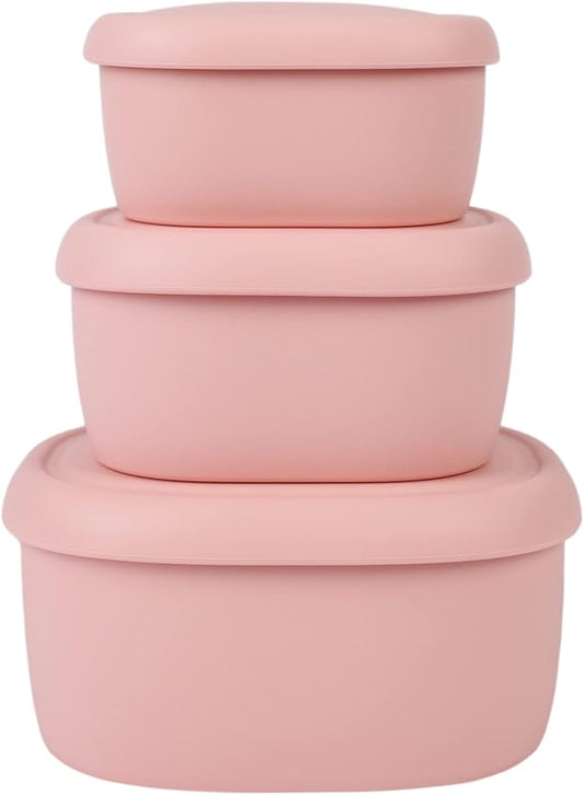 BLUE GINKGO Nesting Silicone Containers - Set of 3 Hard-Shell Silicone Food Storage Containers | BPA Free, Airtight, Dishwasher and Freezer Safe (6.7oz, 10oz, 20oz) - Pink