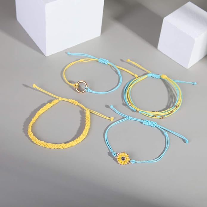 FANCY SHINY Sunflower String Bracelet Boho Braided Rope Wrap Bracelets Cute Summer Beach Surfer Jewelry for Women Christmas Gifts