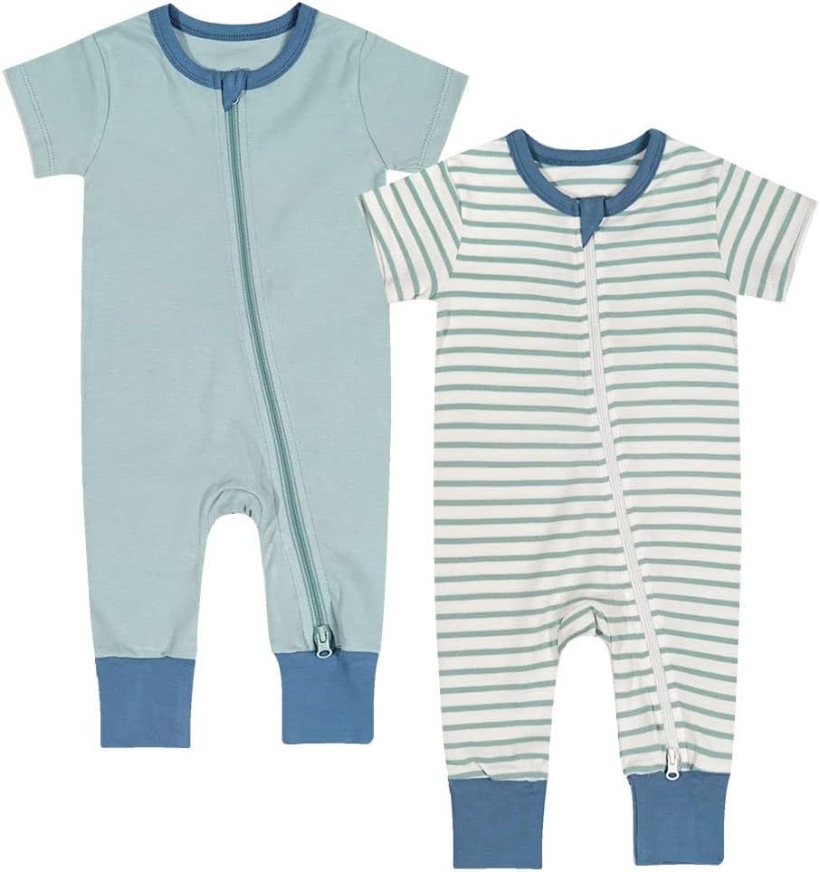 Teach Leanbh Toddler Baby Boys Girls 2-Pack Pajamas Cotton 2 Way Zipper Short Sleeve Footless Romper Sleep and Play