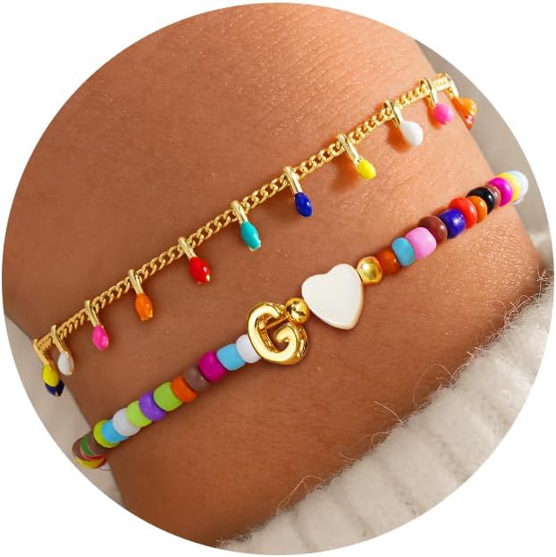Turandoss Colorful Beaded Bracelets for Women - Trendy Boho Layered Bracelet Cute Charm Bracelets for Teen Girls Summer Gifts Jewrly