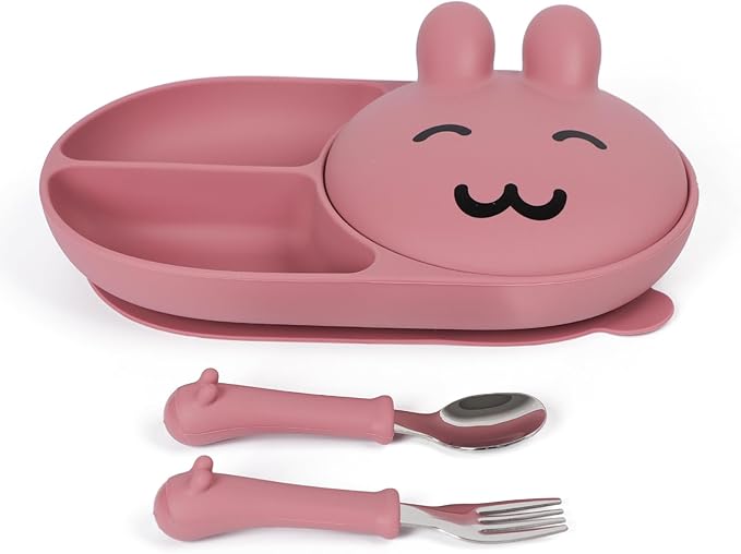Silicone Baby Plate,Toddler plates,Self-feeding of infants after weaning, 100% Food Grade Silicone, BPA Free, Including Fork and Spoon, Baby Plates With Suction, Divided Plate for Babies (pink)