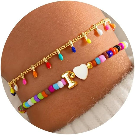 Turandoss Colorful Beaded Bracelets for Women - Trendy Boho Layered Bracelet Cute Charm Bracelets for Teen Girls Summer Gifts Jewrly