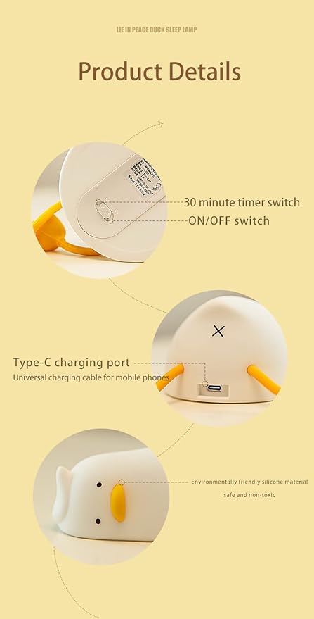 ATSUI Duck Night Light, LED Squishy Novelty Animal Night Lamp, Food Grade Silicone, 3 Level Dimmable Rechargeable Nursery Nightlight for Breastfeeding Toddler Baby Kids