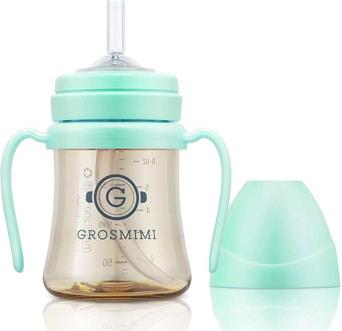GROSMIMI Spill Proof no Spill Magic Sippy Cup with Straw with Handle for Baby and Toddlers, Customizable, PPSU, BPA Free 6 oz (Aqua Green)