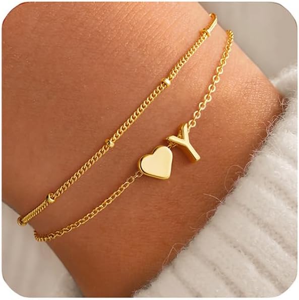 M MOOHAM Initial Heart Bracelets for Women - Layered Dainty 14K-Gold-Plated Heart Letter A-Z Charm Bracelets for Women, Chain Link Charm Bracelets Beaded Bracelets Birthday Gifts Womens Jewelry