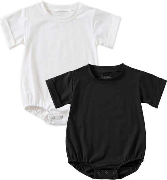 Jimonda Baby Bubble Romper Boy Girl Solid Color T-Shirt Outfits Short Sleeve Bodysuit Organic Cotton 2Pcs