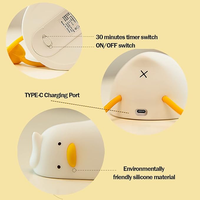 Night Light for Kids ,Cute Silicone Nursery Duck Lamp for Baby and Toddler,Fun Animals NightLight for Boys and Girls,Squishy Night Lamp for Bedroom,Kawaii Bedside Lamp for Kids Room