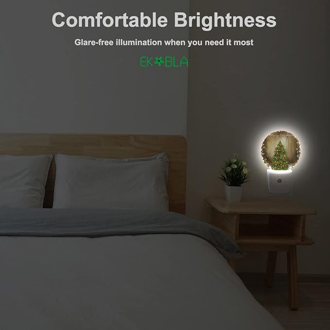 EKOBLA Winter Green Christmas Tree Night Lights Plug into Wall Holiday Presents Gift Boxes Snowflakes Plug-in Nightlights Auto Sensor LED Dusk to Dawn Light for Boys Girls Men Women