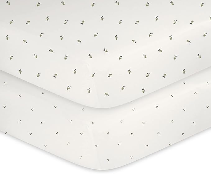 Ely's & Co. Patent Pending Waterproof Crib Sheets, 100% Cotton with Waterproof Lining - Built in Crib Mattress Protector, 2 Pack Fitted Toddler Sheet Set, Berry and Cluster Dot (Sage) 28” x 52”