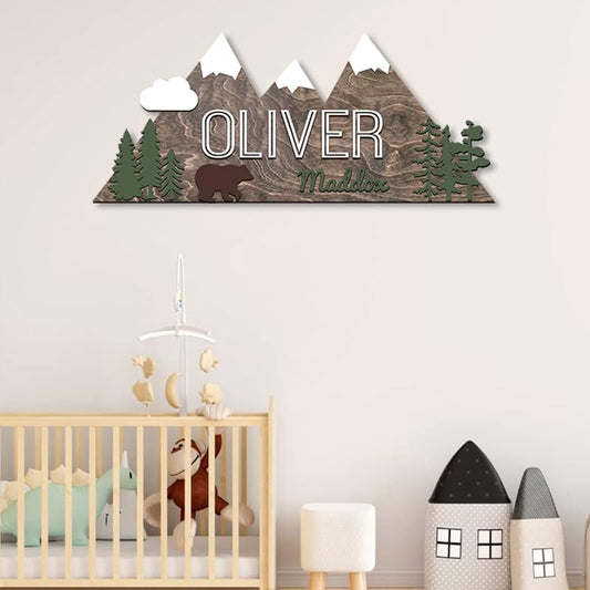 Personalized Name Sign, Mountain nursery decor, Layered Nursery baby name sign, Woodland nursery decor, Woodland theme nursery, Baby woodland nursery, Nursery name sign for boys gift/7