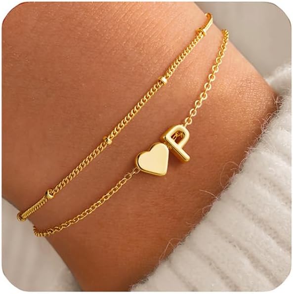 M MOOHAM Initial Heart Bracelets for Women - Layered Dainty 14K-Gold-Plated Heart Letter A-Z Charm Bracelets for Women, Chain Link Charm Bracelets Beaded Bracelets Birthday Gifts Womens Jewelry