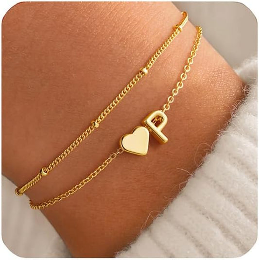 M MOOHAM Initial Heart Bracelets for Women - Layered Dainty 14K-Gold-Plated Heart Letter A-Z Charm Bracelets for Women, Chain Link Charm Bracelets Beaded Bracelets Birthday Gifts Womens Jewelry