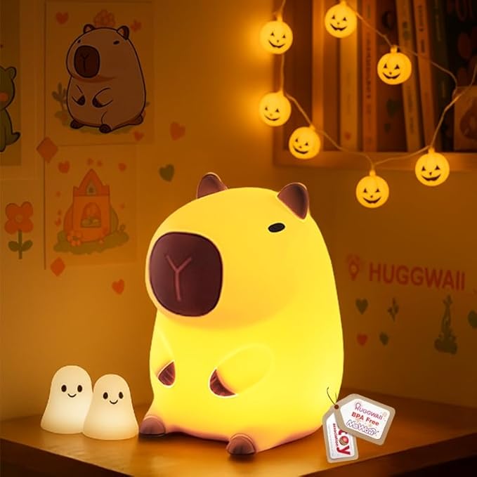 Huggwaii Squishy Capybara Night Light for Kids - Soft Silicone Tap-Control Kids Night Light with 2 Brightness Levels & 20-Min Timer, Cute Lamp for Nursery Bedroom Decor, Baby Gift (1200mAh Battery)