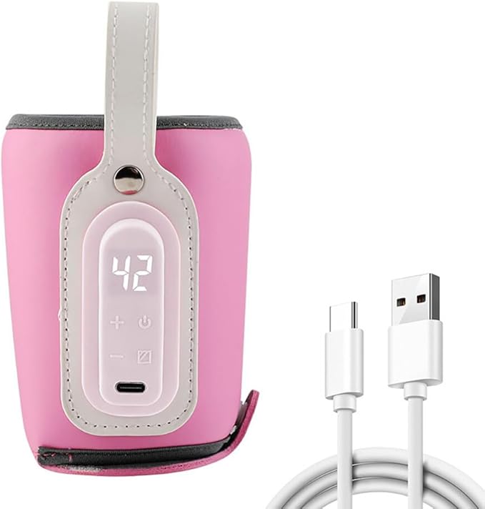 Baby Bottle Keep Warmer,Portable Travel Mug Milk Heater Thermostatic Bottle Cover Milk Bottle Heating Warmer Multifunction Thermostatic Bottle Sleeve with Tpye-E Cable for Coffee Tea,Pink