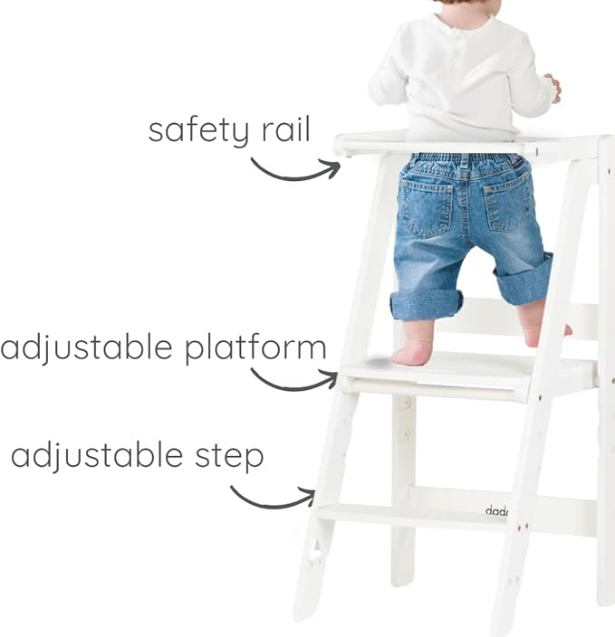 dadada Baby Foldable Montessori Tower - Adjustable Kitchen Step Stool for Kids with Safety Rail, Non-Toxic Finish, Great for Small Space Living (White)
