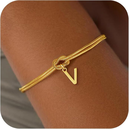 Gold Initial Bracelets for Women Girls - 18K Gold Plated Knot Initial Bracelet Teen Girl Gifts Trendy Stuff Dainty Gold Bracelets for Women Girls Jewelry Gifts