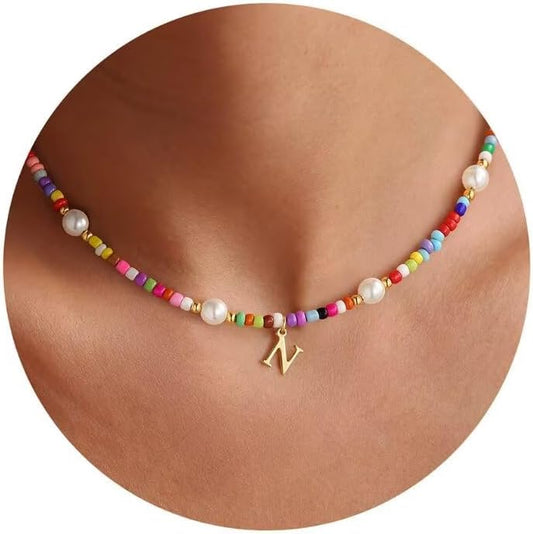 M MOOHAM Colorful Initial Necklaces for Girls - Beaded Pearl Choker Necklace for Women Teen Girl Colorful Summer Boho Necklace Jewelry, Trendy Personalized Letter Initial Gifts Birthday Gifts Kids