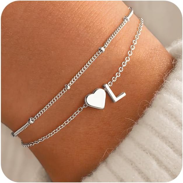 M MOOHAM Initial Heart Bracelets for Women - Layered Dainty 14K-Gold-Plated Heart Letter A-Z Charm Bracelets for Women, Chain Link Charm Bracelets Beaded Bracelets Birthday Gifts Womens Jewelry