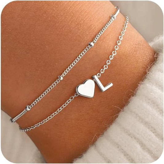 M MOOHAM Initial Heart Bracelets for Women - Layered Dainty 14K-Gold-Plated Heart Letter A-Z Charm Bracelets for Women, Chain Link Charm Bracelets Beaded Bracelets Birthday Gifts Womens Jewelry