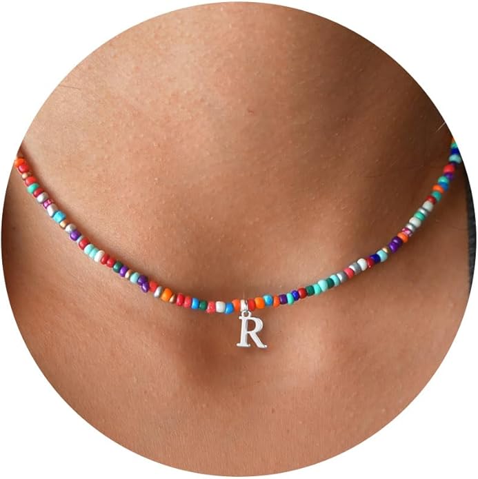 Yoosteel Colorful Beaded Initial Necklaces for Girls Gifts - Cute Initial Necklaces for Girls Kids Jewelry A-Z Letter Choker Necklace for Women Birthday Gifts for Teens Daughter Niece Granddaughter
