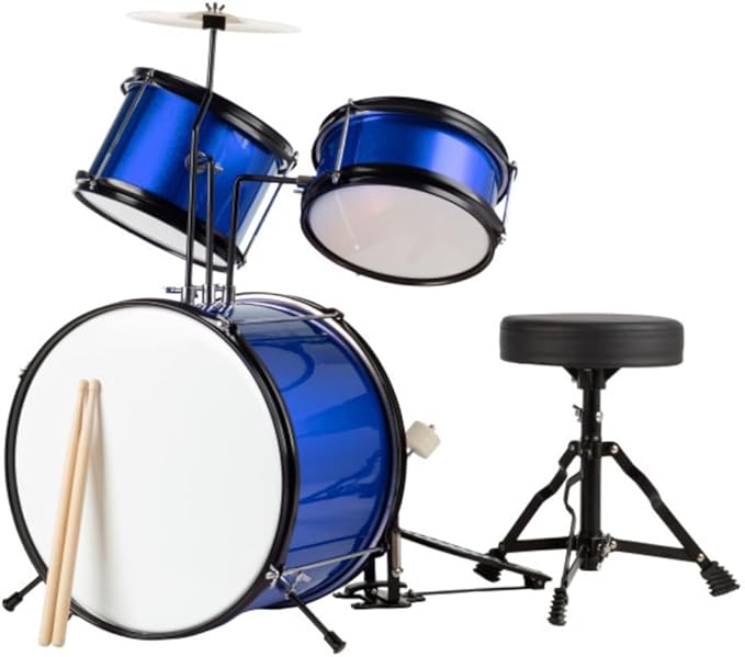 Hey Play Kids 3-Piece Drum Set - Kit With Cymbal, 2 Toms, Bass and Pedal, Drumsticks and Throne - Beginner Musical Instruments (Blue)
