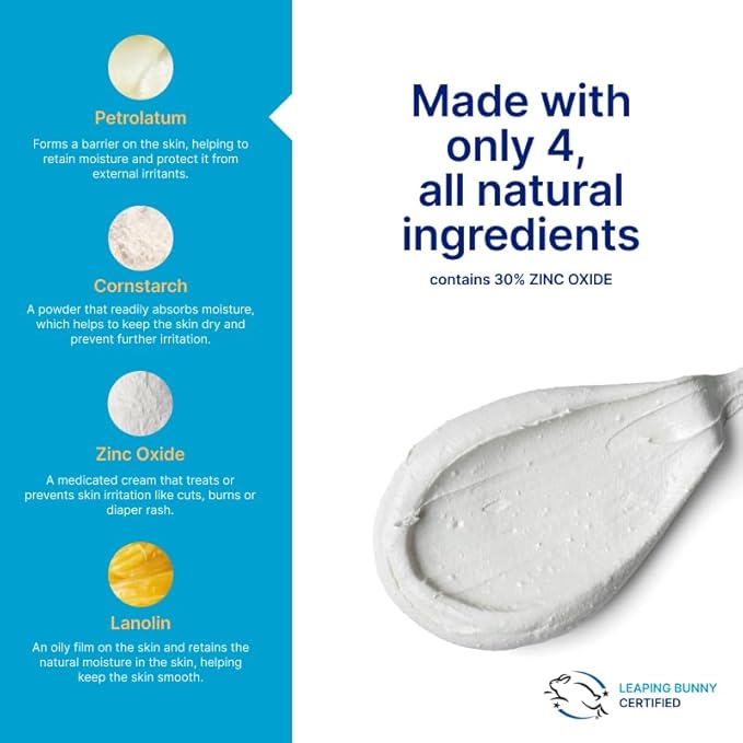 Diaper Rash Cream | 100% Natural Zinc Oxide Maximum Strength Butt Paste | Barrier Baby Cream to Help, Relieve, & Prevent Diaper Rash | Hypoallergenic Remedy for Newborns, Infants | 4oz