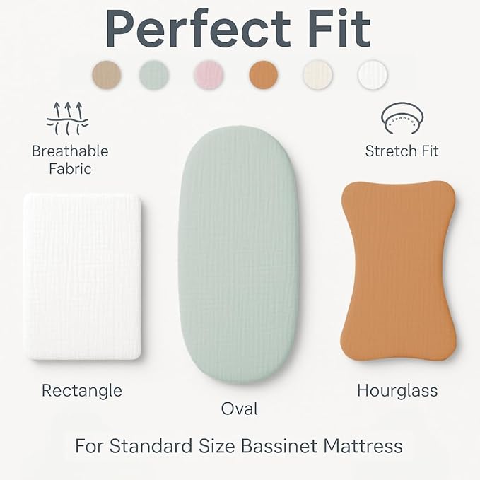 Muslin Bassinet Sheets 33x17 Inches White Bassinet Sheets Rectangle/Oval 2 Pack, Soft Fitted Bassinet Mattress Cover, Safe for Boy or Girl, Breathable Muslin, Easy Fit, No More Loose, Unsafe Sheets