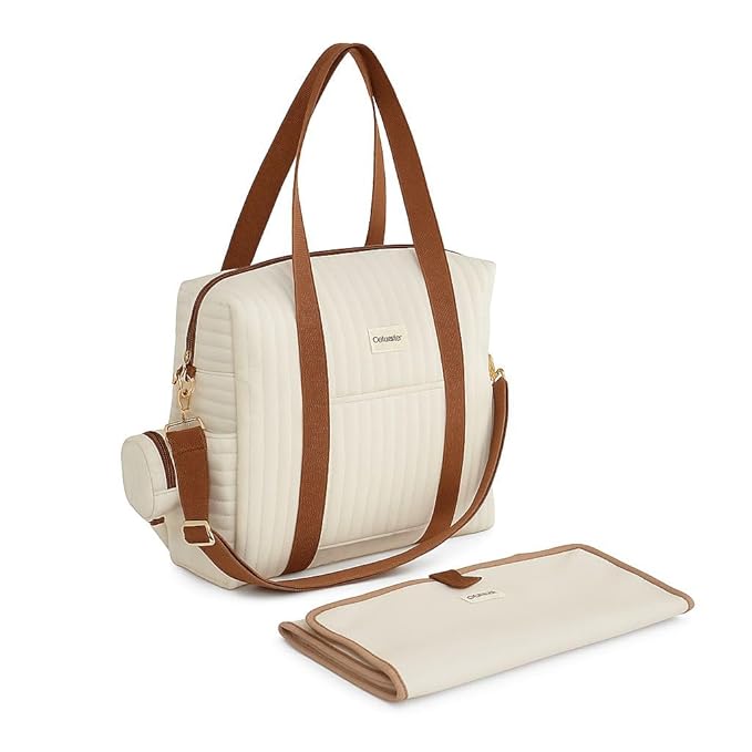 3-Piece Diaper Bag Tote Set with Changing Pad & Pacifier Case, Cotton Maternity Travel Bag (Medium - Beige)