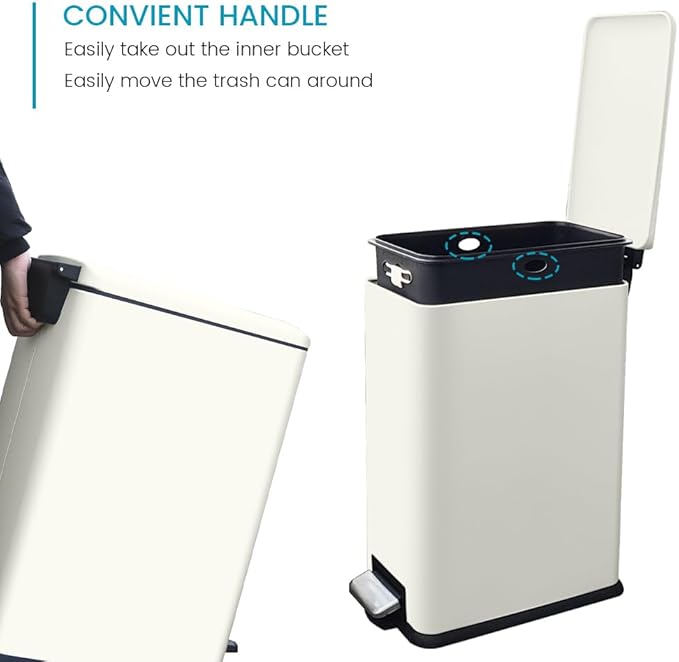 12 Gallon Slim Kitchen Trash Can, Rectangular Trash Can with Removal Inner Bucket and Soft-Close Lid, Foot Pedal, Stainless Steel Garbage Can 45 Liter, White